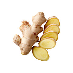 Fresh ginger root with slices showing its vibrant yellow flesh and texture isolated on transparent background