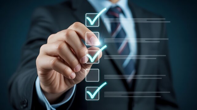 Person checking off items on a digital list hand checklist