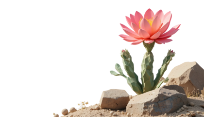 Delicate Pink Cactus Flower Bloom on White Background. Beautiful desert plant for nature themes, unique floral designs, and minimalist summer concepts.