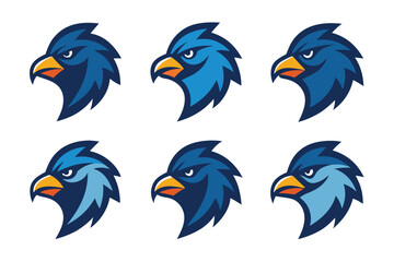 Vector art of a collection of eagle head logos showcases determined and fierce mascots in varying blues