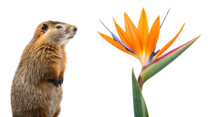 Beaver animal and Bird of paradise flower on transparent
