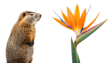 Beaver animal and Bird of paradise flower on transparent