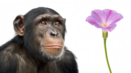 Chimpanzee animal and Dwarf Morning Glory flower on transparent 