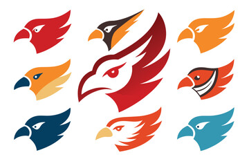 Vector art of a collection of fierce bird head logos isolated on white background for sports teams