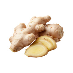 Fresh organic ginger root with slices showing yellow flesh and textured brown skin isolated on transparent background
