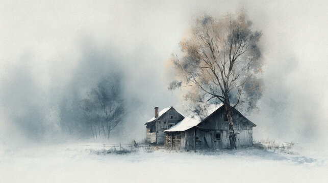 Watercolor painting of two old houses with snow on the roofs and a bare tree in a foggy landscape