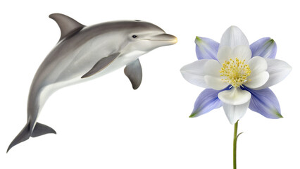 Dolphin animal and Columbine flower on transparent 