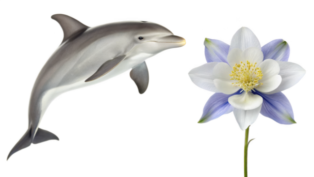 Dolphin animal and Columbine flower on transparent