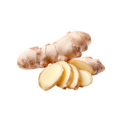 Freshly sliced ginger root with its whole unpeeled rhizome isolated on transparent background