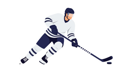 Obraz premium Ice hockey player illustration. Athlete in uniform skating with stick and puck during game action. Vector illustration.