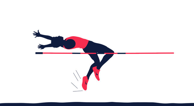High jump athlete illustration. Stylish silhouette of professional sportsman performing a jump over the bar during track and field event. Vector illustration.