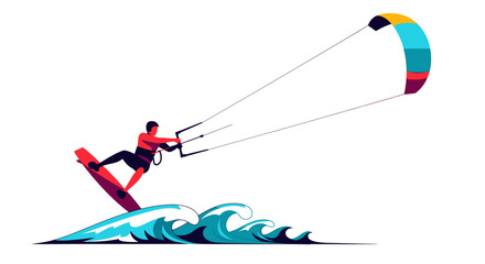 Kitesurfing illustration. Athlete riding waves with colorful kite and board, adrenaline sports concept. Vector illustration.