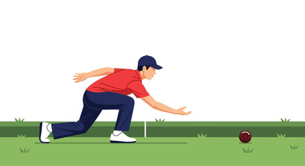 Lawn bowling illustration. A sports player in action rolling a ball on green grass. Vector illustration.