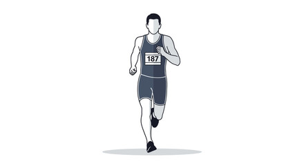 Marathon runner. Athlete sprinting forward during competition, wearing race bib in sports apparel. Vector illustration.