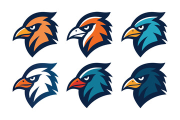 Vector art of a collection of stylized eagle head illustrations are isolated on white background