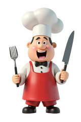 Cheerful cartoon chef figure holding utensils.