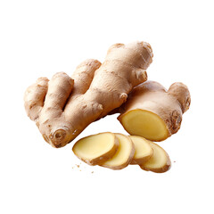 Fresh ginger root with slices showing its vibrant yellow flesh and textured skin isolated on transparent background