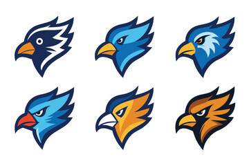 Vector art of a collection of eagle head logos in various colors isolated on white background