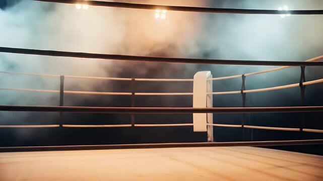 Empty Boxing Ring: Cinematic Foggy Atmosphere, Dramatic Lighting,  Competition Venue,  Sport Background, Intense Fight Ambiance