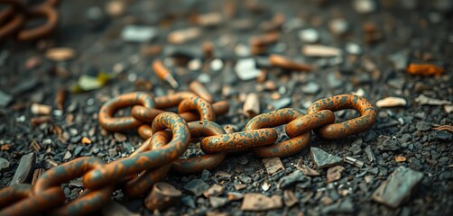Close-up of rusted chains lying on the ground, broken links scattered,   strength,   restriction