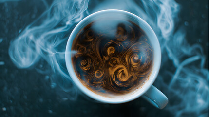 Surreal cup of coffee with swirling cosmic patterns inside, representing the hidden effects of daily ritual.