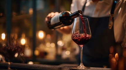 Pouring red wine at a cozy bar intimate setting beverage photography evening ambiance close-up view