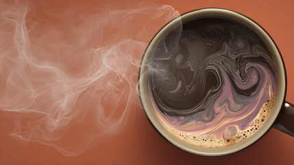 Surreal cup of coffee with swirling cosmic patterns inside, representing the hidden effects of daily ritual.