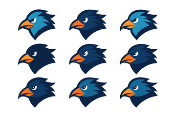 Vector art of a set of fierce eagle head logos in various shades of blue isolated on white background