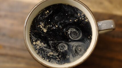 Surreal cup of coffee with swirling cosmic patterns inside, representing the hidden effects of daily ritual.