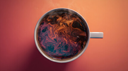 Surreal cup of coffee with swirling cosmic patterns inside, representing the hidden effects of daily ritual.