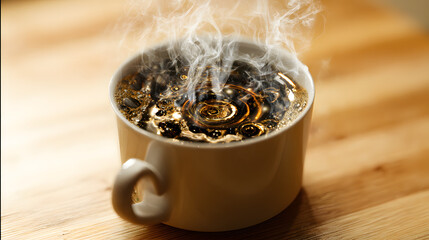 Surreal cup of coffee with swirling cosmic patterns inside, representing the hidden effects of daily ritual.