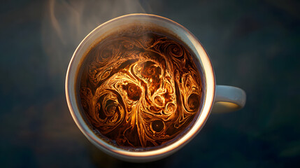 Surreal cup of coffee with swirling cosmic patterns inside, representing the hidden effects of daily ritual.