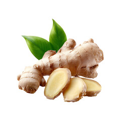 Fresh ginger root with sliced pieces and vibrant green leaves isolated on transparent background for culinary and medicinal uses