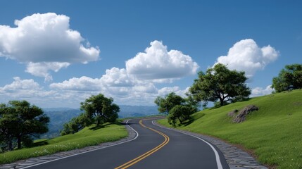 Fototapeta premium Winding road journey through scenic landscape mountainside nature view daytime vibrant sky and greenery