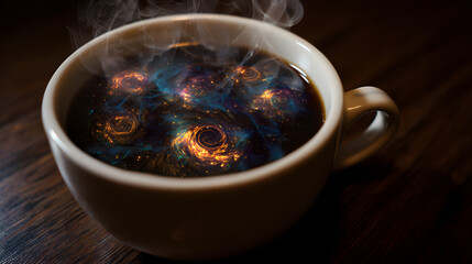 Surreal cup of coffee with swirling cosmic patterns inside, representing the hidden effects of daily ritual.
