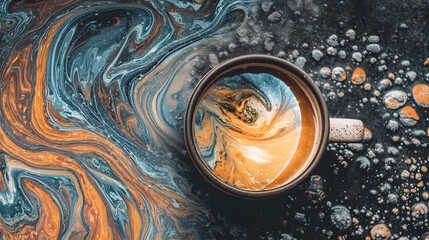 Surreal cup of coffee with swirling cosmic patterns inside, representing the hidden effects of daily ritual.
