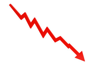 A sharp red arrow indicates a downward trend, representing decline and loss isolated on transparent background