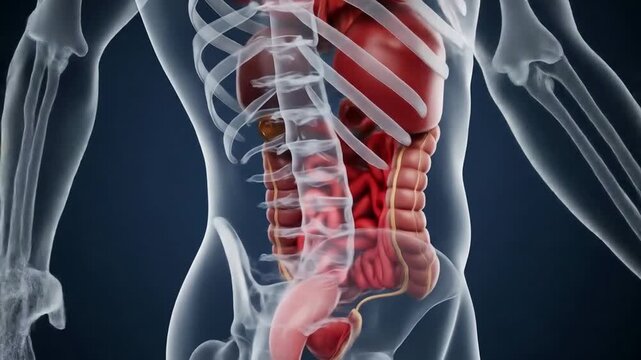 Detailed 3D animation of human digestive system, stomach, intestines, liver and pancreas shown