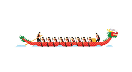 Dragon boat racing illustration. Team paddling in red dragon-shaped boat on water during traditional event. Vector illustration.