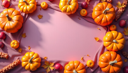 3D-rendered glowing pumpkins and glossy autumn fruits arranged in a circular pattern on a soft purple velvet background, elegant lighting, modern Thanksgiving concept flat lay style