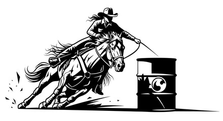 Barrel racing illustration. Detailed black and white vector depicting a horseback rider maneuvering around a barrel in a dynamic rodeo scene. Vector illustration.