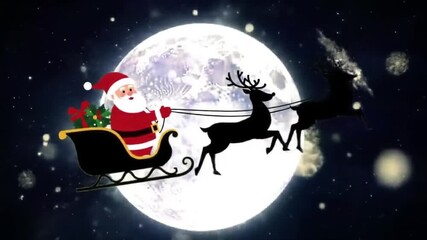 Christmas background with Santa on sleigh over big moon, glittering snowflakes and shimmering particles in night sky. - Powered by Adobe