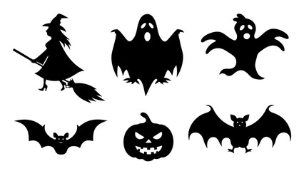 Set of Halloween silhouette collection elements on tranparent background