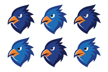 Vector art of a set of six blue eagle head logos and mascots isolated on white background