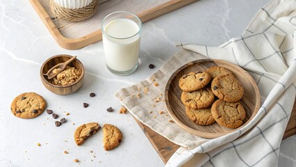 Minimalist setup with cookies and milk from above, on a light background with soft shadows, inviting and simple.