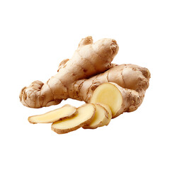 Fresh ginger root and slices showing its fibrous texture and pale yellow interior isolated on transparent background