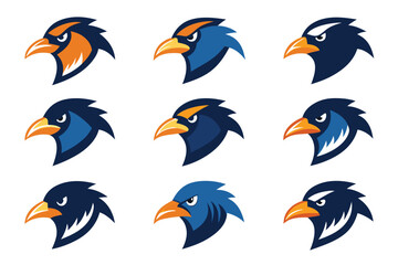 Vector art of a collection of determined eagle head mascots isolated on white background for sports