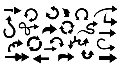 A collection of various black arrow silhouettes vector.