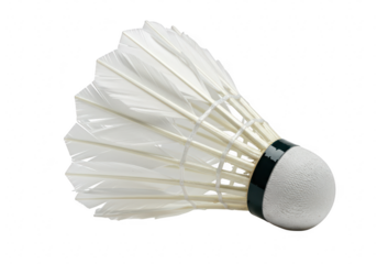 A single white badminton shuttlecock with feathers is isolated on a plain transparent background