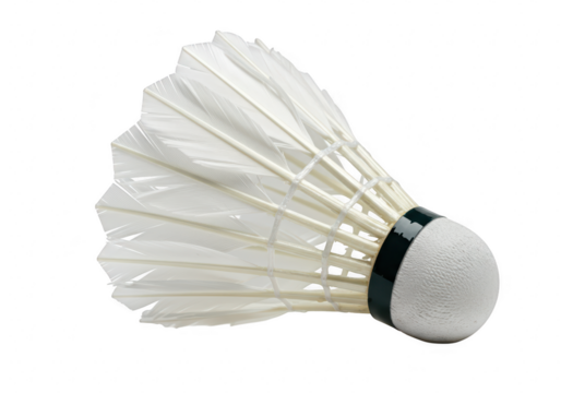 A single white badminton shuttlecock with feathers is isolated on a plain transparent background